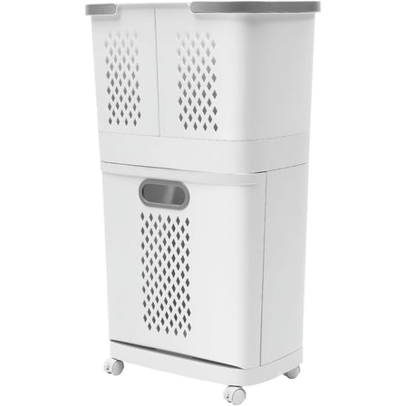 2 Tier Plastic Laundry Hamper, Removable Household Bathroom Clothes Storage Basket Cart Floor Standing Large Carrying Laundry Hamper with Handle and 4 Wheels for Bedroom, Bathroom