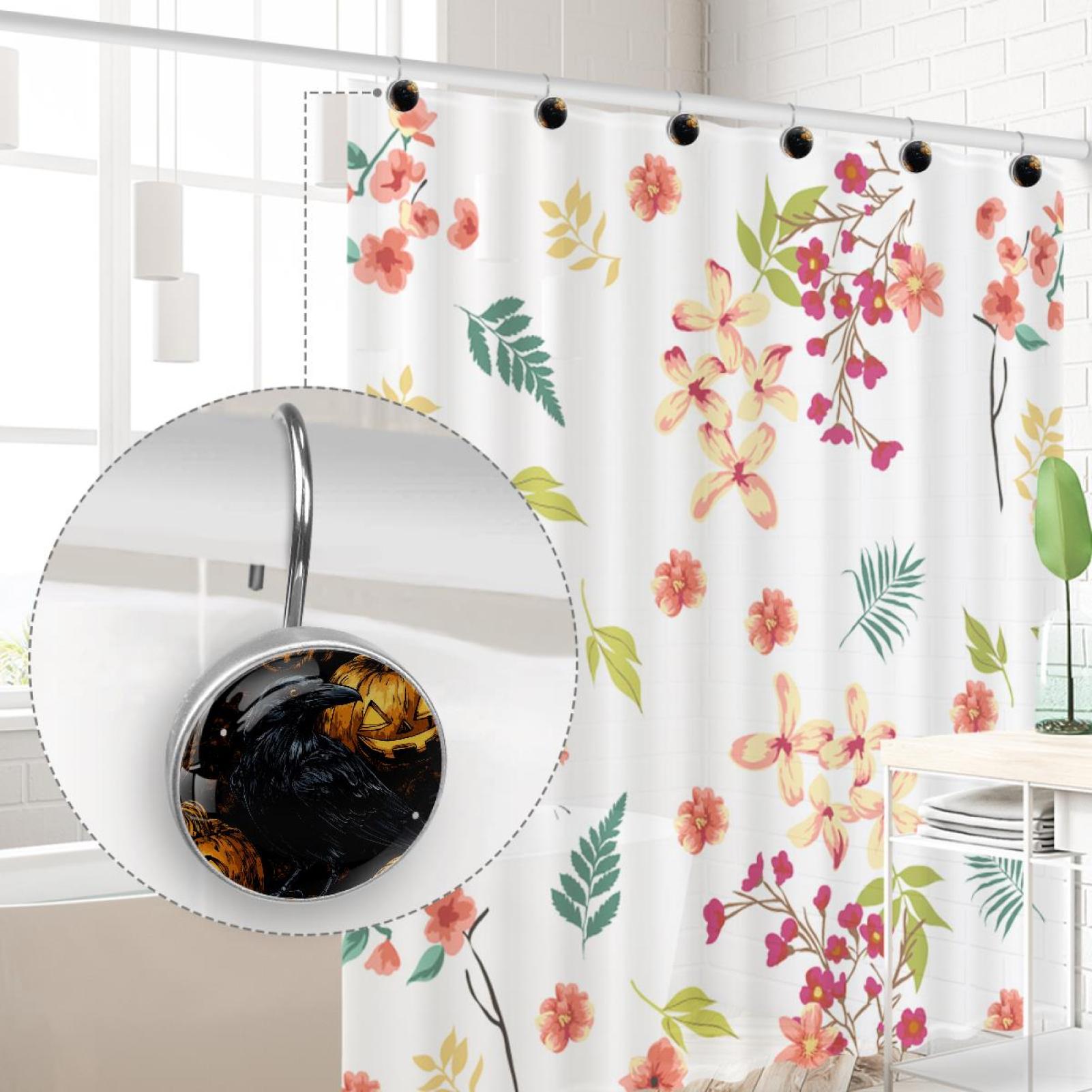 Black Crow Pumpkin Shower Curtain Hooks Round Crystal Glass, Set of 12 Shower Curtain Rings - Shower Hooks for Curtain Shower Rings