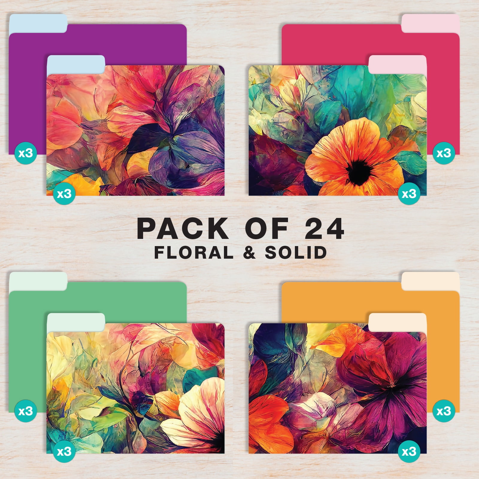 Global Printed Products Deluxe Designer Printed File Folders, 1/3 Cut Tab, Assorted Positions, Letter Size, 24/pk (Abstract Floral)