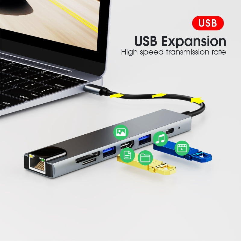 DOONJIEY  8 In 1 USB Multi Port Hub Custom Portable USB C Splitter USB OTG Card Reader Hub Ethernet Adapter