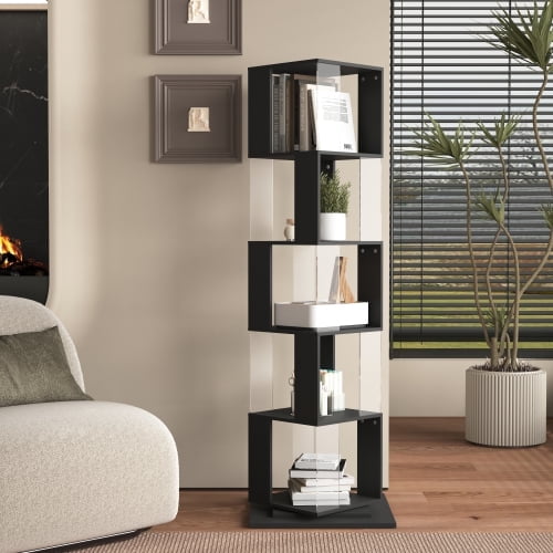 6 tier Rotating Bookshelf, Floor Rack Simple Bookcase with Acrylic plate Student Multi-Function Creative Bookshelf for Living Room