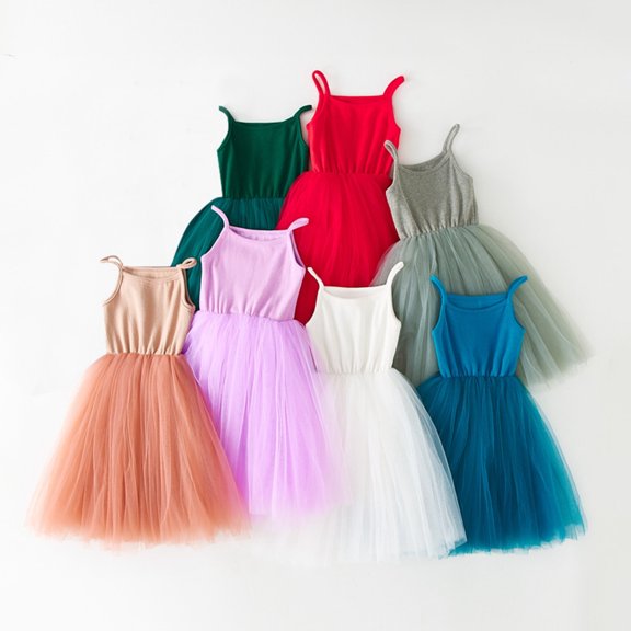 RTKFRFLM Girls Spaghetti Strap Dress Kids Rib-Knit Patchwork Mesh Tutu Gown Toddler Elegant Puffy Princess Dress Children's Trendy Summer Sundress for Party and Daily Wear Pink
