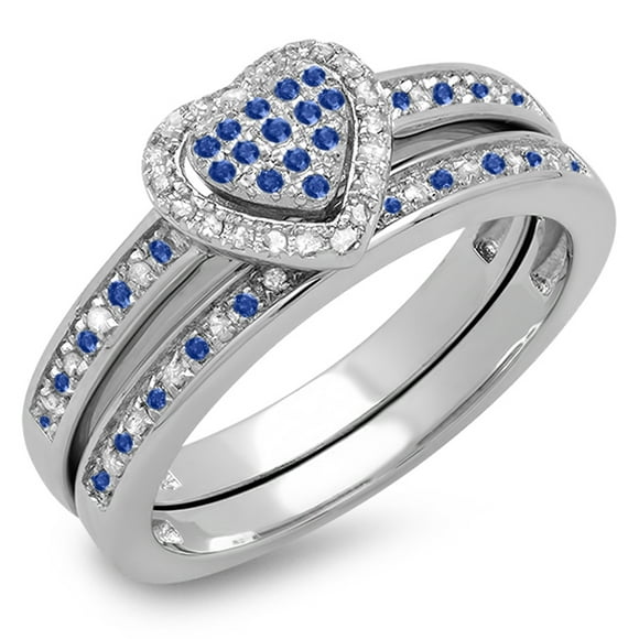 Dazzlingrock Collection Sterling Silver Blue Sapphire & White Diamond Heart Shaped Bridal Ring Set, Size 7.5
