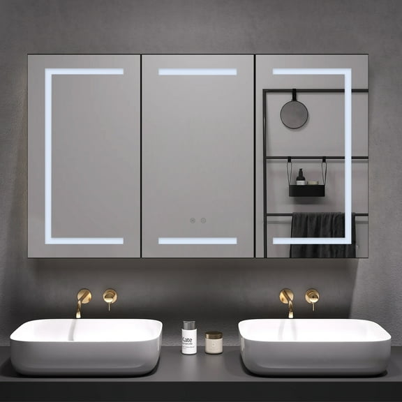 48"x30" Bathroom Medicine Cabinet with Mirror and LED Light, Wall Mount Medicine Cabinet with Defogging,Shelves Storage,Memory Dimmable 3 Color Temp,Built-in Power Outlets,Aluminium