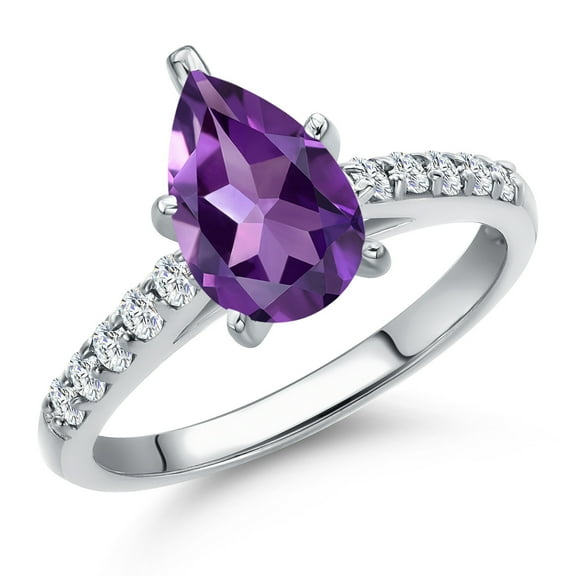 Gem Stone King 10K White Gold Purple Amethyst and Lab Grown Diamond Engagement Ring for Women | 1.93 Cttw | Pear Shape 10X7MM | Gemstone February Birthstone | Size 6
