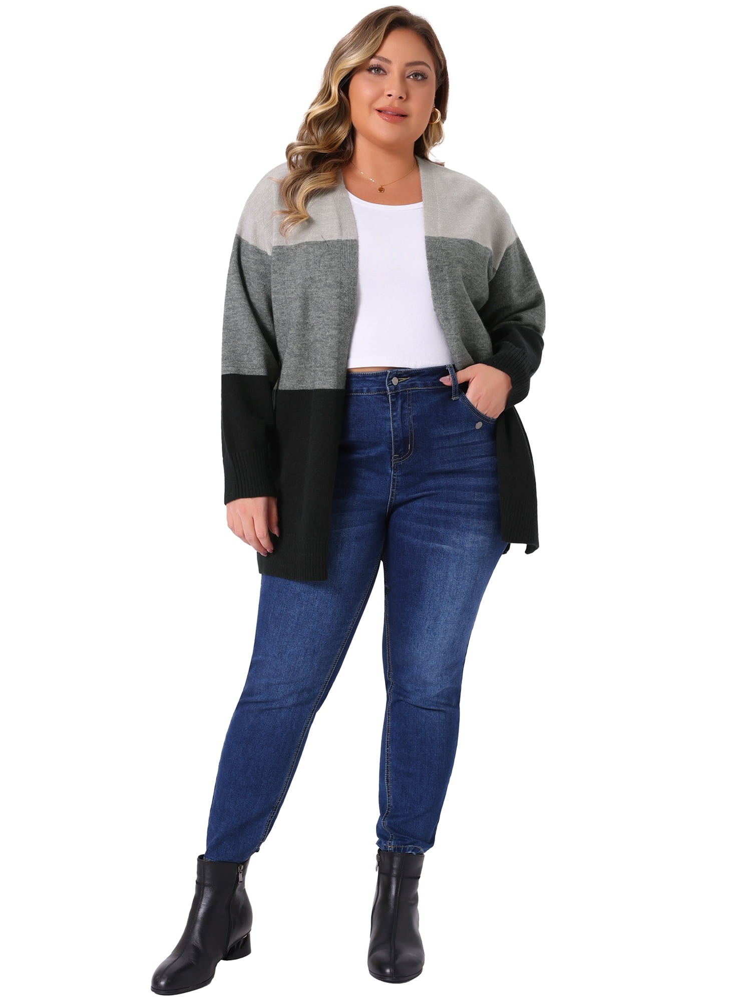 DARING DIVA Plus Size Striped Block Open Front Cardigan Sweater Coat 3X Black Grey
