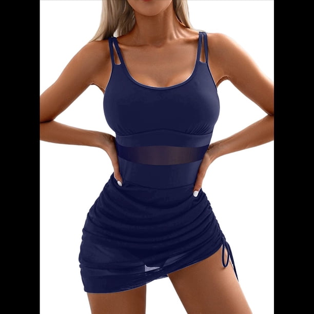 Traje de Baño de una Pieza para Mujer, con Control de Abdomen, Adelgazante, Pareo Transparente, Azul Marino, Talla S