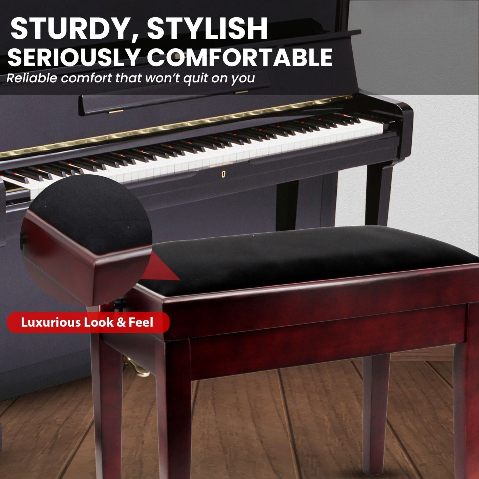 Adjustable Piano Bench - Padded Solid Wood Keyboard Stool (18"-22") - Brown