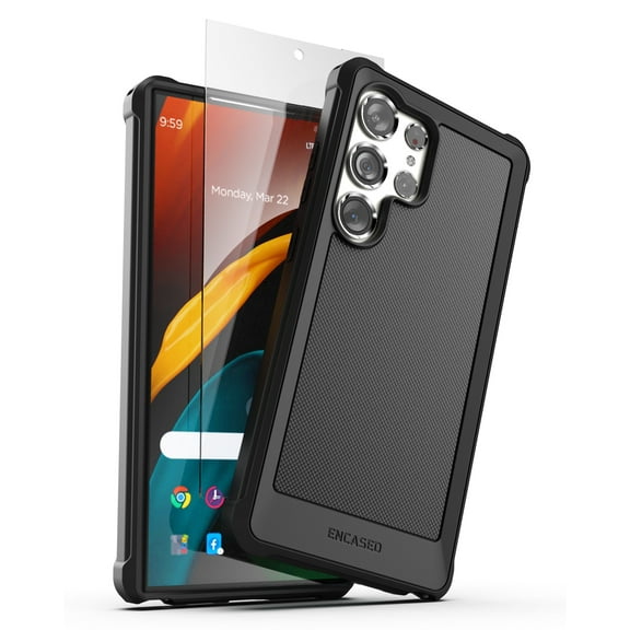 Encased Falcon Designed for Samsung Galaxy S24 Ultra Case with Tempered Glass Screen Protector, Full Body Protective Phone Case (Black)