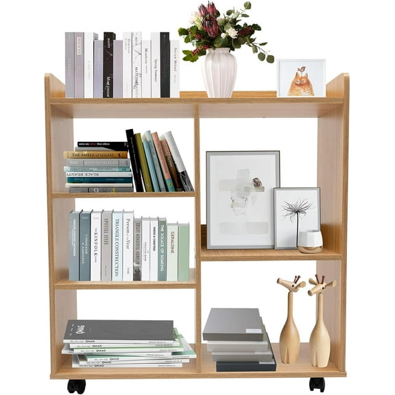 Book Shelf 5 Cube Short Bookshelf Bookcase, File Cabinet Filing Storage Cabinets, Low Shelf Cubbies Book Case with 360° Wheels and Dividers, Cube Organizer Shelf for Home Office (Rubberwood)