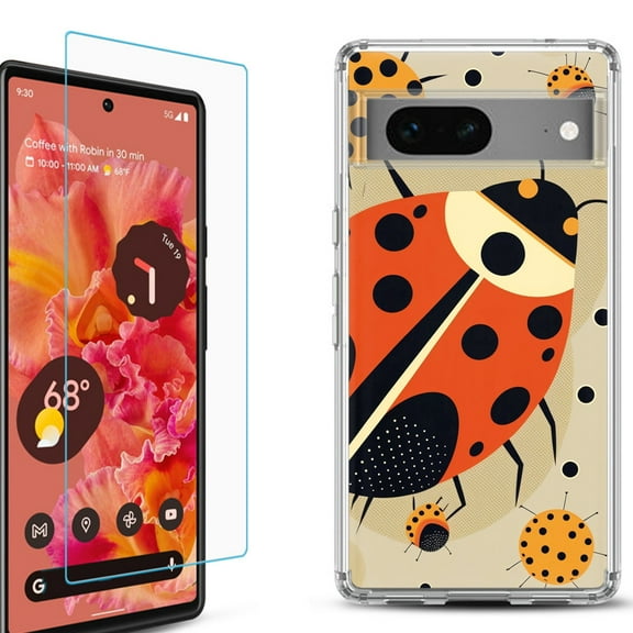 OneToughShield ® for Google Pixel 7a Shockproof Bumper Phone Case, with Tempered Glass Screen Protector - Lady Bettle