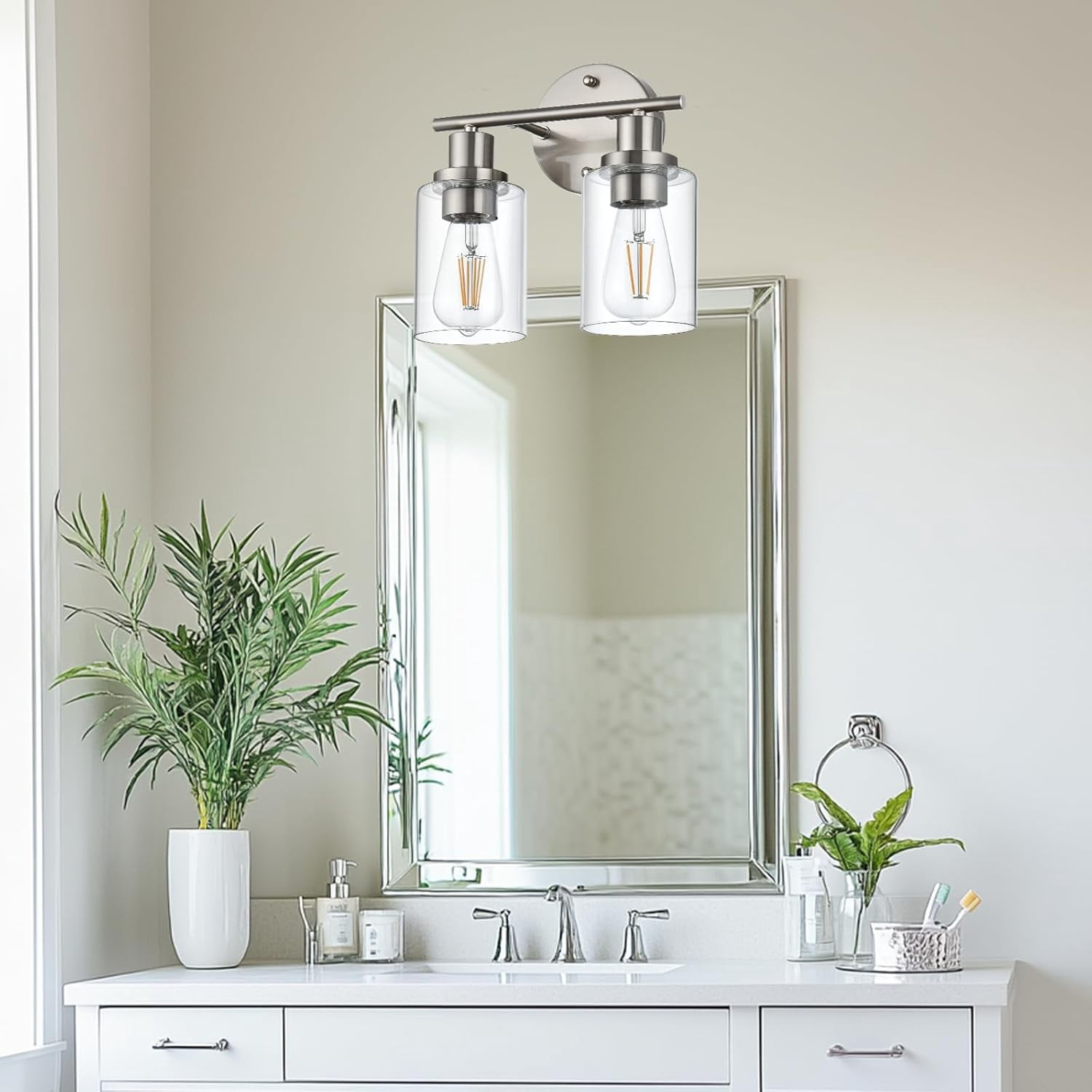 Melucee 2-light Vanity Light with Round Plate – Brushed Nickel Modern Bathroom Light Fixture, Dimmable Wall Sconce for Mirror, Bedroom, Makeup Area