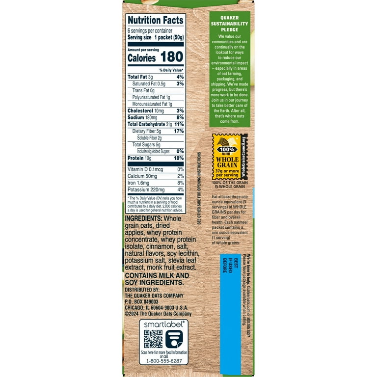 Quaker Protein No Added Sugar Apple Cinnamon flavored Instant Oatmeal, 10.5 oz