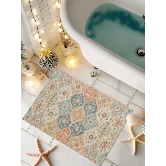 Doormat Yellow Boho Damask Pattern Front Door Mat Non Slip Absorbent Low Profile Floor Mat Bohemian Flower Welcome Mats Entryway Rug for Entrance Kitchen Porch Indoor Outdoor Home Decor 16"x24"