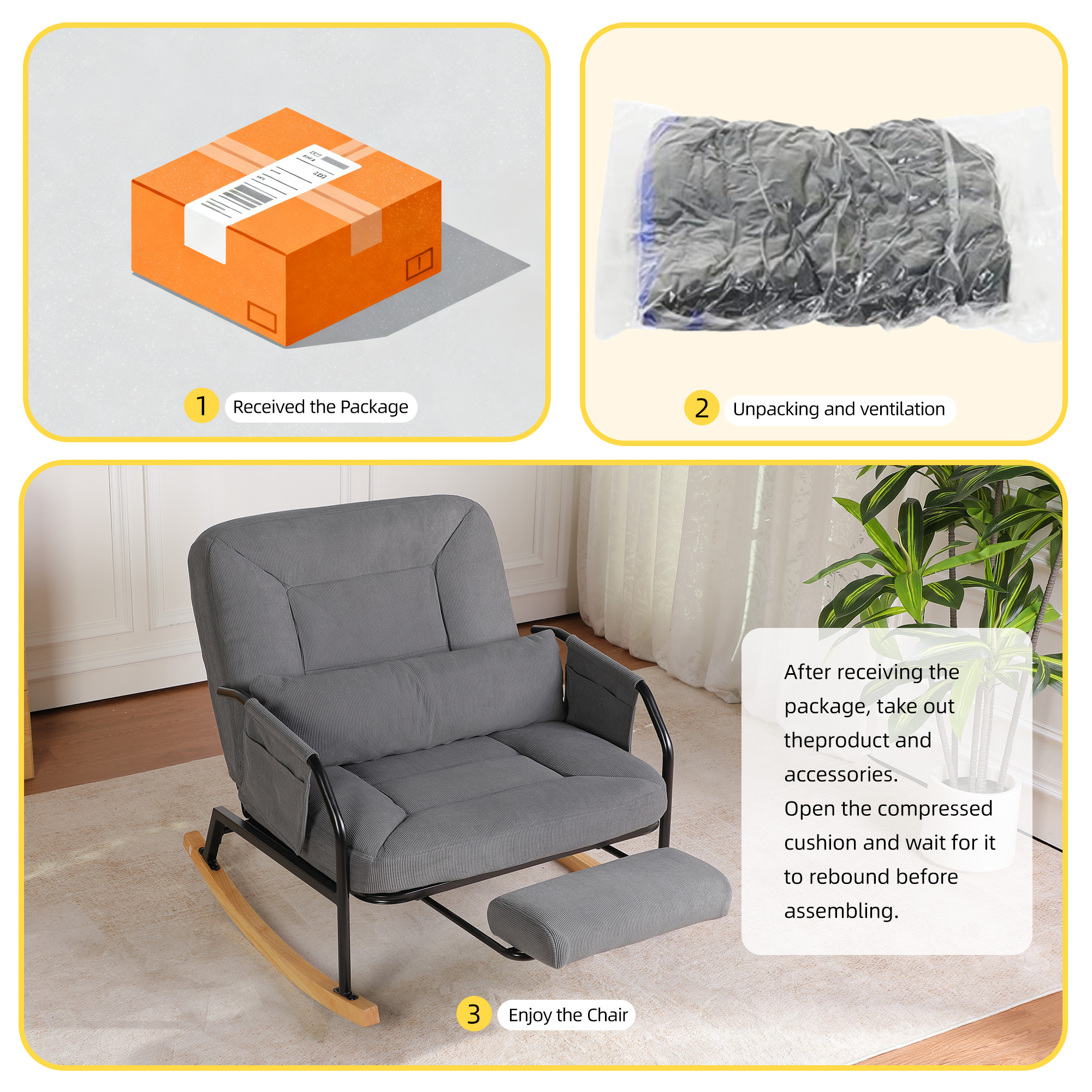 Hforesty Oversized Rocking Chair with Footrest ,Rocker Glider with Metal Farm,Wooden Bottom and Adjustable Backrest for Indoor Use: Balcony, Living Room or Bedroom.(corduroy)GREY