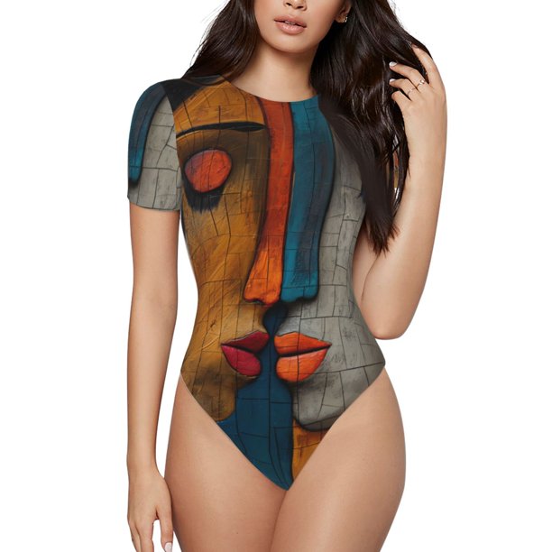Fotbe Abstract Colorful Duality Body de Mujer con Cuello Redondo y Mangas Cortas, Sin Mangas Ajustado, Suave, Cómodo y Básico-XX-Large
