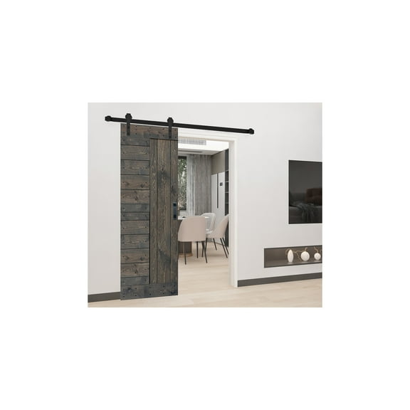 L Series 30in. X 84in. Smoky Gray Finished DIY Knotty Pine Wood Sliding Barn Door With Hardware Kit
