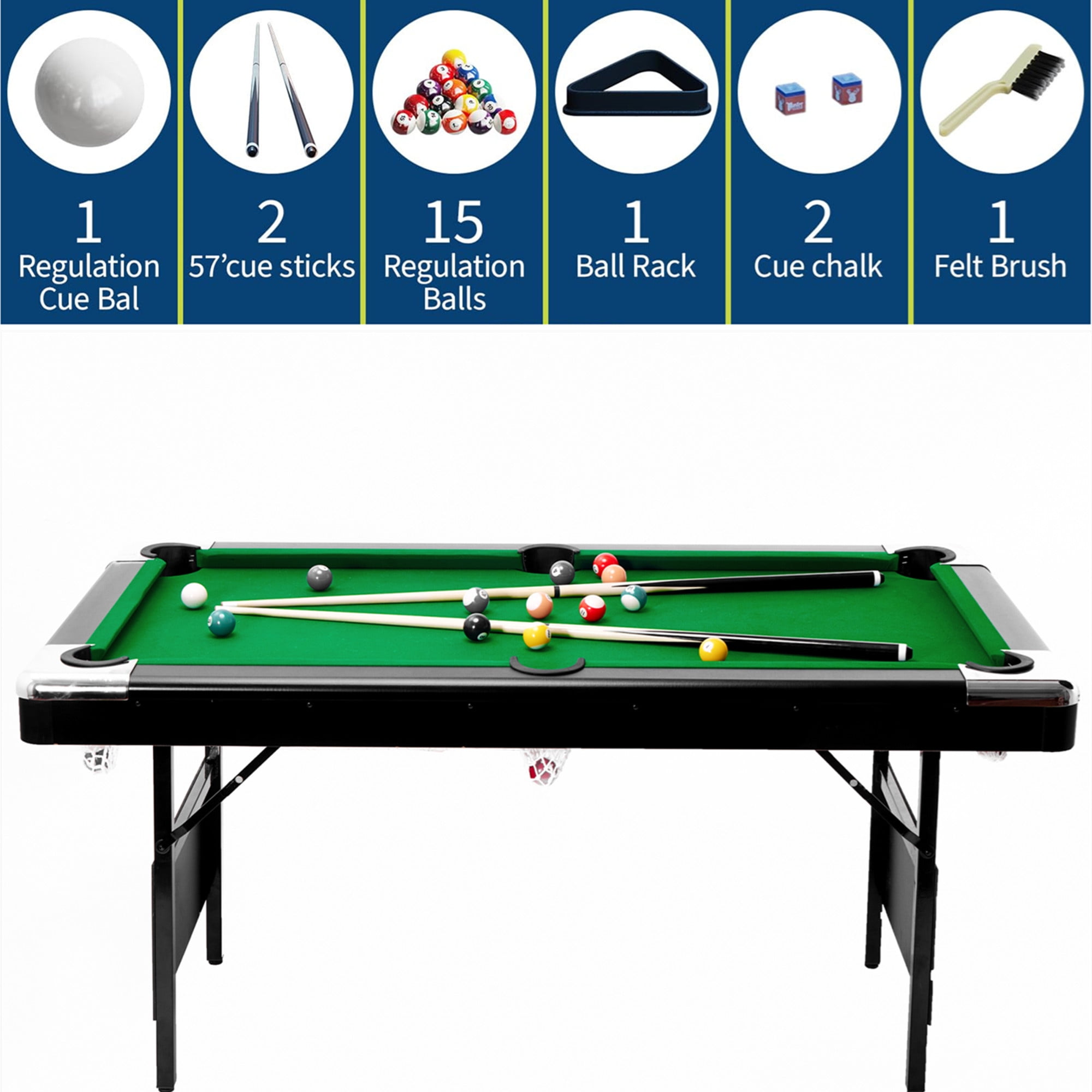 Aukfa 70" Folding Pool Table Portable Billiards Table, No Assembly, Includes Full Set of Balls, 2 Cue Sticks, Chalk and Felt Brush