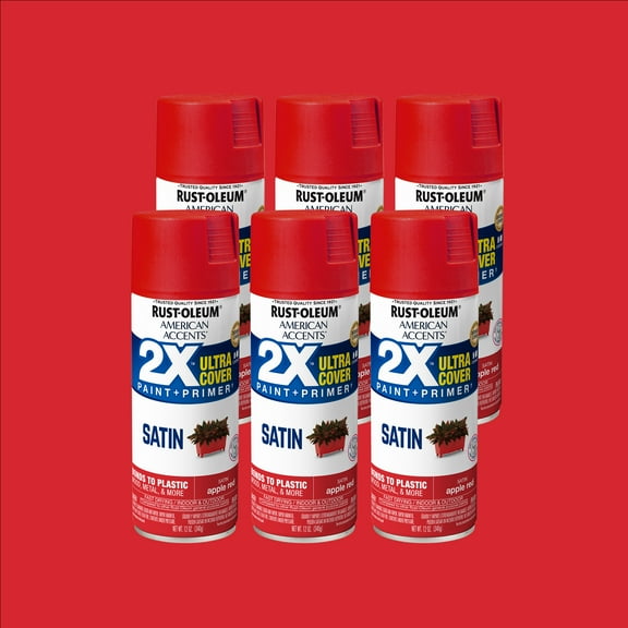 6 Pack, Apple Red Rust-Oleum American Accents 2X Ultra Cover Satin Spray Paint-327938, 12 oz