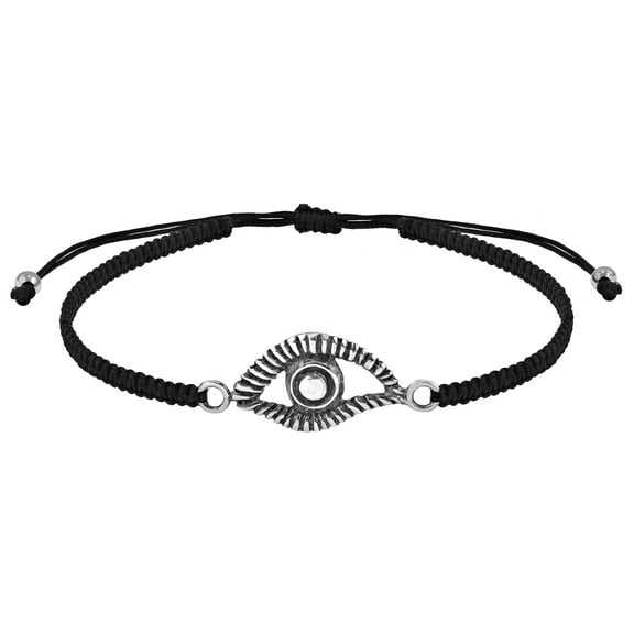 Mystical Evil Eye Sterling Silver Charm on Black Rope Adjustable Bracelet for Adult Women