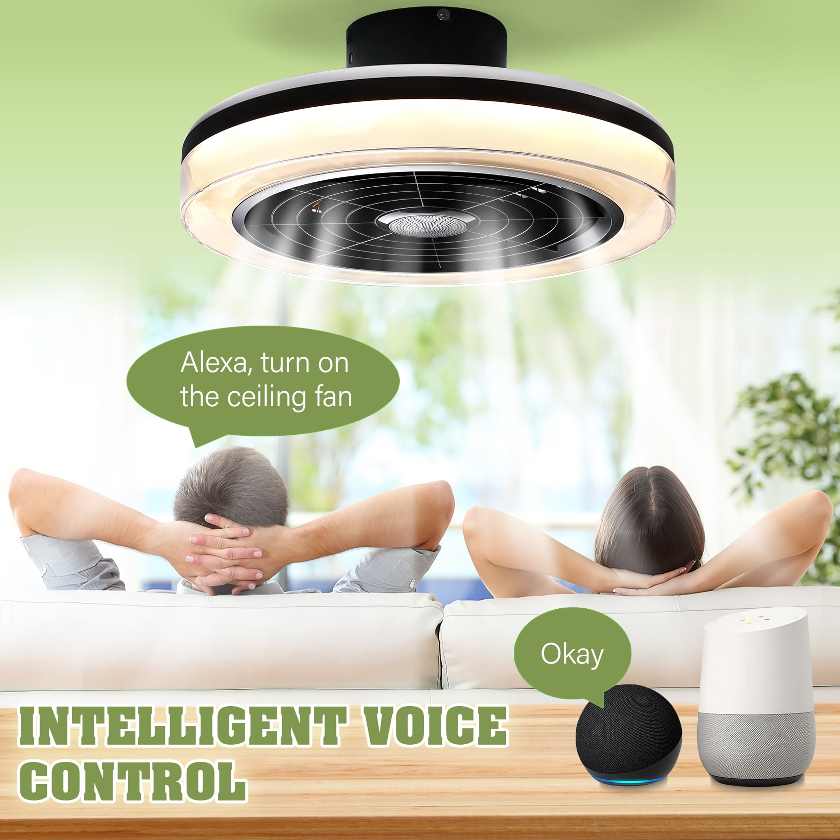 TCFUNDY 18" Smart Ceiling Fan w/ Light, RGB & LED, Smart Control Compatible with Voice Assistant Alexa/Google/Siri, Built-in Bluetooth Speaker, Bladeless Fan w/ 6 Speeds & Reversible, White
