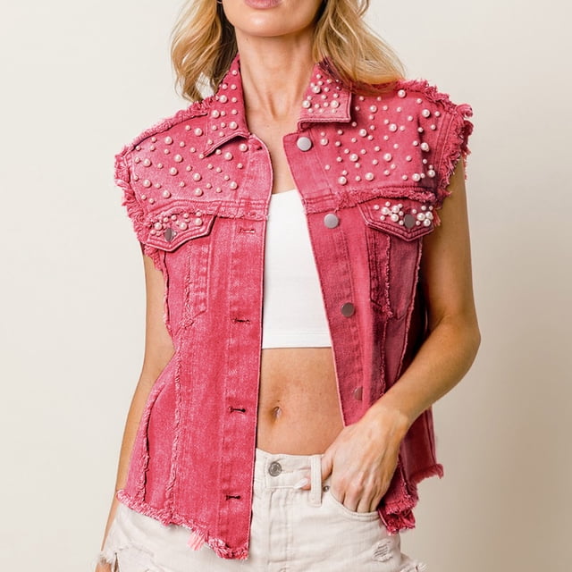 LOVZFMLL Jackets for Women's Fringe Washed Old Beaded Denim Waistcoat