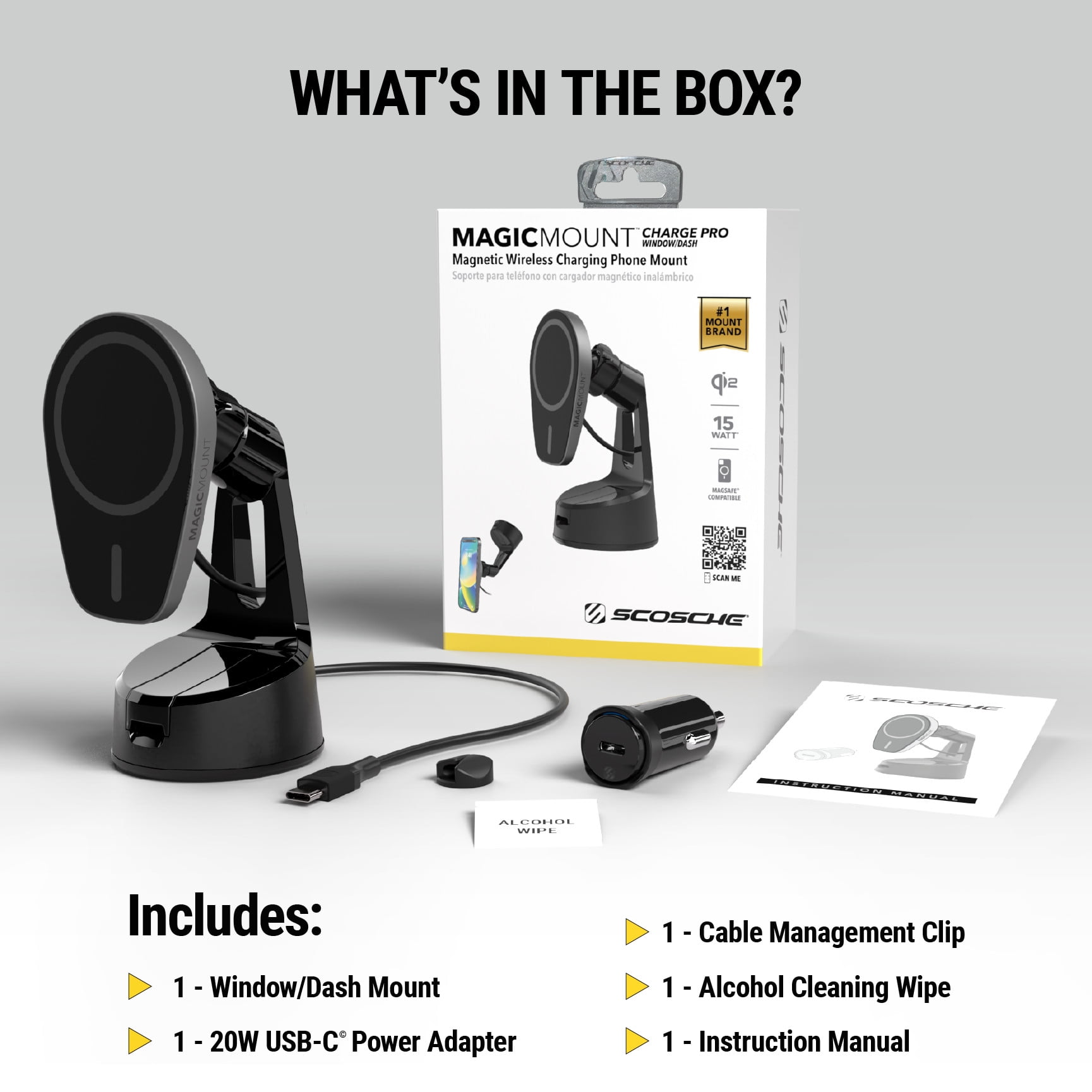 Scosche MPQMWD-SP1 Charge Pro Qi2 MagSafe 15W Fast Wireless Car Charger Dash/Windshield Mount Black