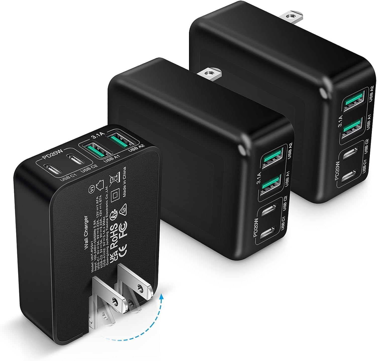 RGHJAR-3-Pack USB C Fast Charger Block, 40W 4-Port Flat USB C Wall Charger Type C Charger PD3.0 Power Adapter Multiport Foldable Plug Brick for iPhone 17/16/15/14/13/Pro Max/XS/XR/8/7, Samsung Galaxy