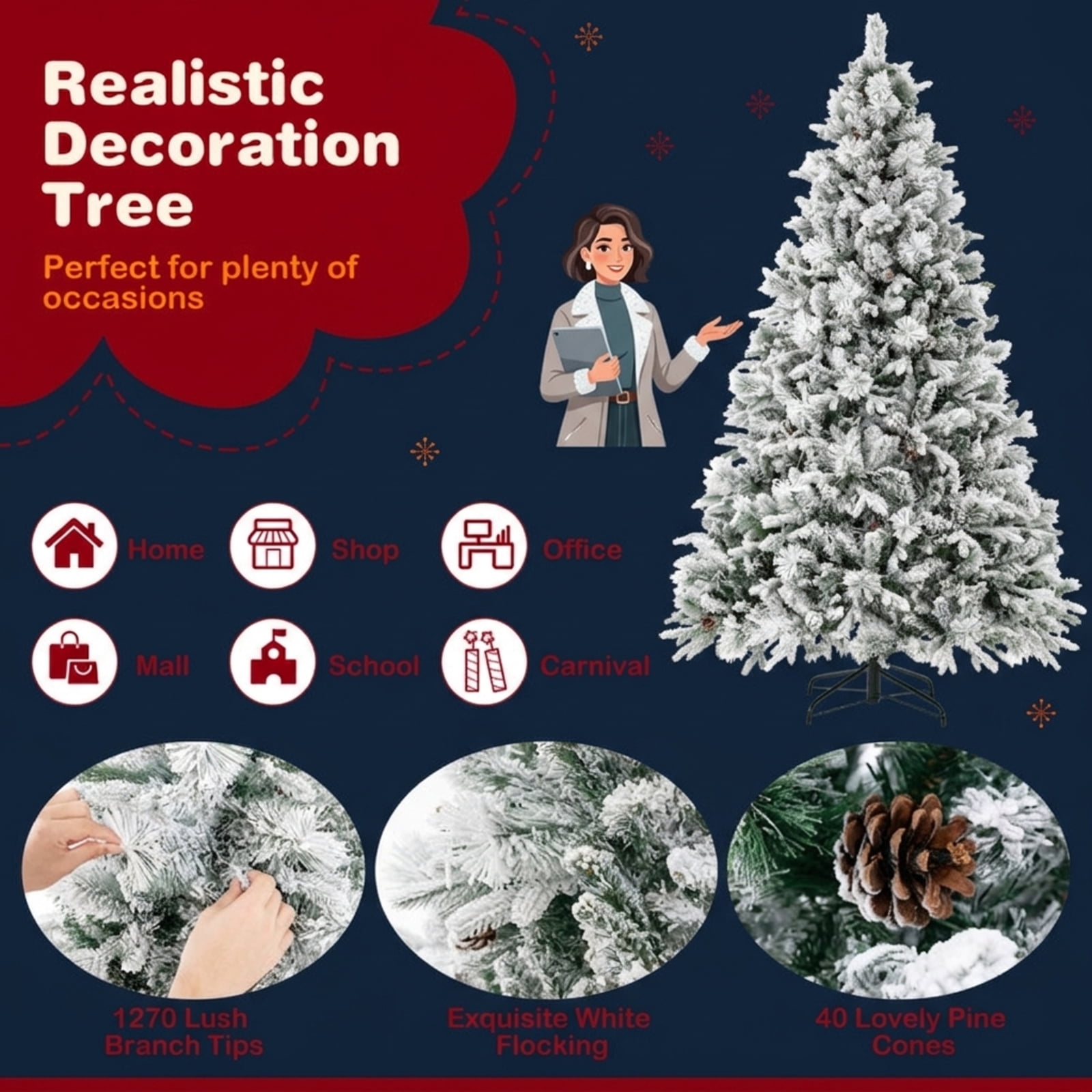 RUIE 7 ft Flocked Artificial Christmas Tree with Pine Cones, Pre-Lit Green White Xmas Tree, 320 LED Lights and 1270 Branch Tips