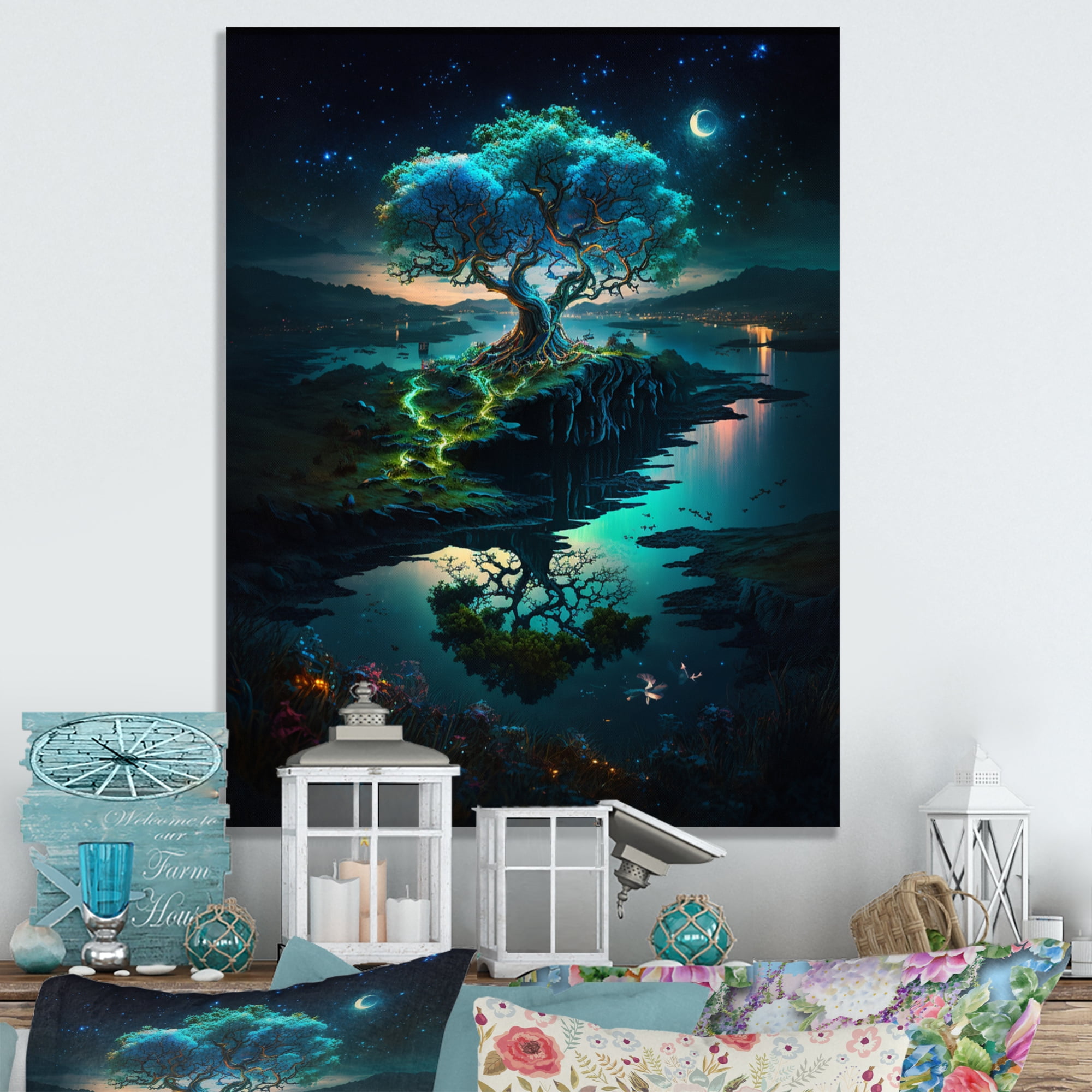 Designart Neon Tree On Coastline At Dark Canvas Wall Art