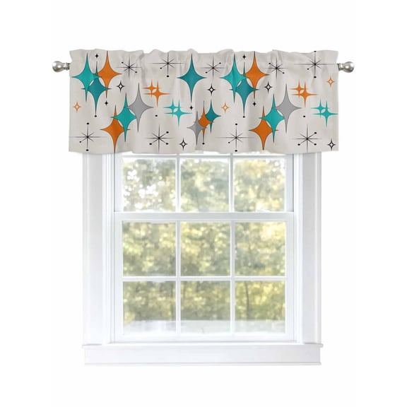 Mid Century Valances for Windows Boho Modern Geometric Teal Orange Star Kitchen Valance Curtain Rod Pocket Small Curtains for Cafe Bathroom Laundry Basement 42" x 18"