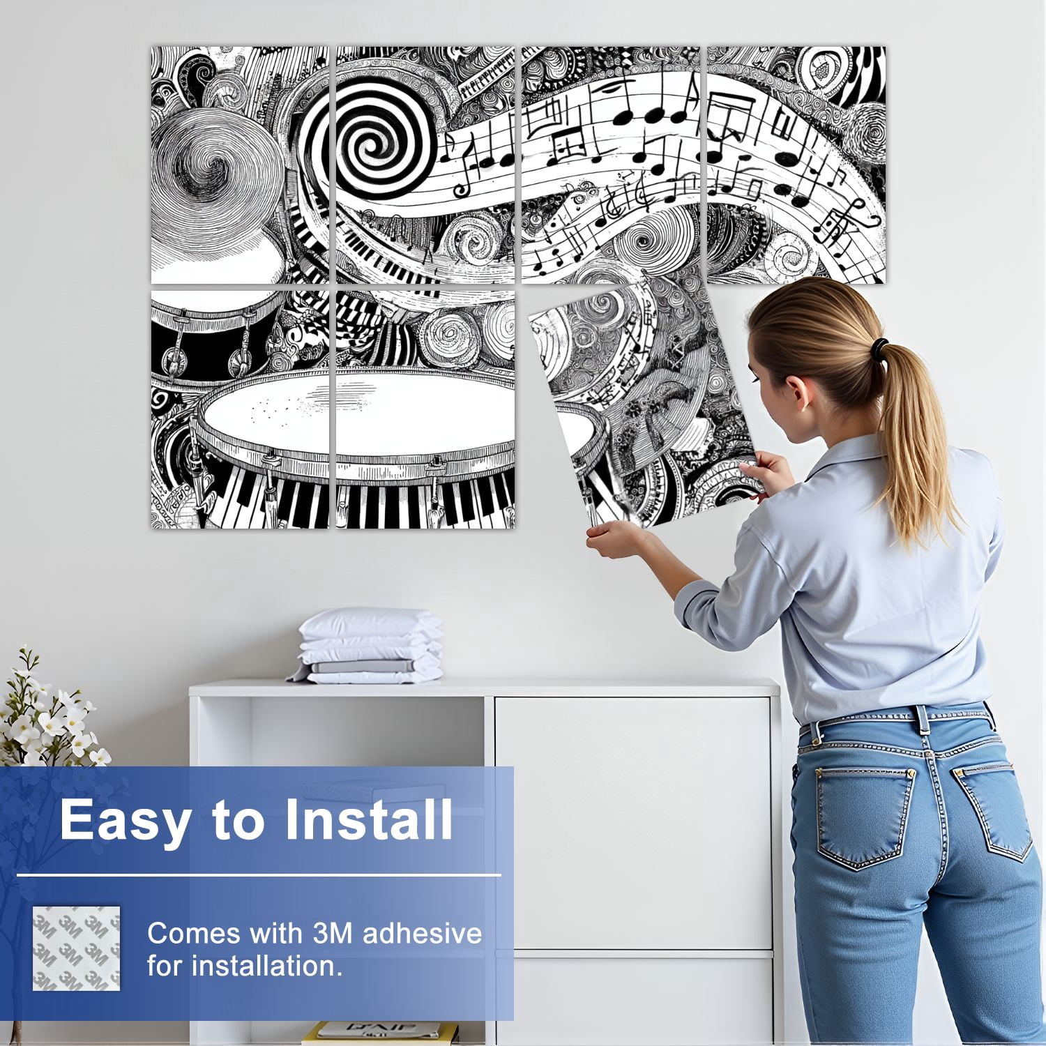 8 Pack Art Acoustic Panels Sound Absorbing Creative Drum Spirals Curves Decorative Soundproof Wall Panels Self Adhesive for Nursery Game Room Bedroom 48"x32"