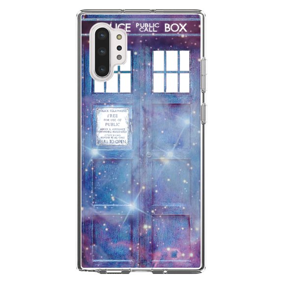 DistinctInk Clear Shockproof Hybrid Case for Galaxy Note 10 PLUS (6.8" Screen) - TPU Bumper, Acrylic Back, Tempered Glass Screen Protector - Fading TARDIS Outer Space Stars