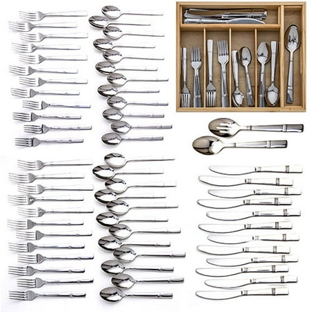 Cambridge Silversmiths Braylen Mirror 62-Piece Flatware Set with 2-Piece Hostess Set and Oak Storage Tray