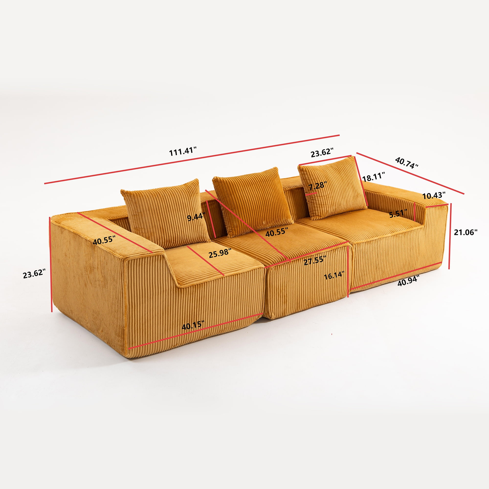 Demi Bonn 111" Modular Sectional Sofa Couchesk, Corduroy 3 Seat Couch Memory Foam Couches for Living Room, Cloud Couch, Orange