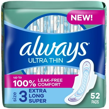 Always Ultra Thin Pads with Wings, Size 3, Extra Long Super Absorbency, 52 CT