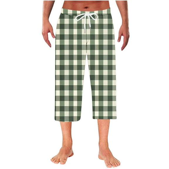 RYDCOT Men’s Cotton Lounge Pajama Capris Pants – 100% Woven Soft Plaid Sleepwear with Pockets, Long Short Lengths Green