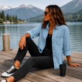 thumbnail image 6 of Stralyhd Jean Jacket Women Long Sleeve Fall Colored Denim Jacket Short Lapel Jean Coats Light Button Down Denim Shirt with Chest Pockets Light Blue L, 6 of 6