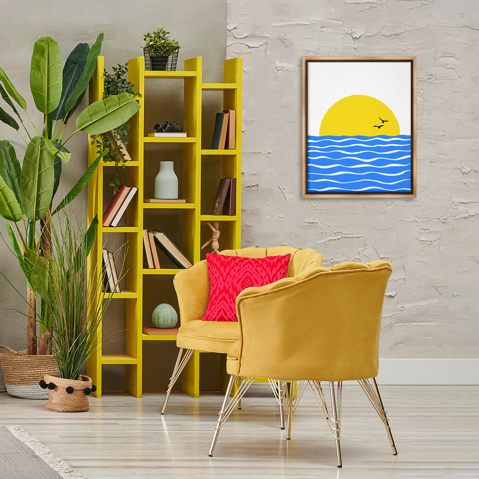 Stupell Industries Birds & Blue Sea Nautical & Beach Painting Brown Floater Framed Canvas Art Print Wall Art, 17 x 21