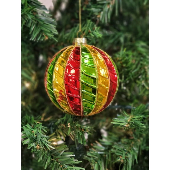 Red and Green Striped Ball Glass Christmas Ornament F07M7-35-LH76-23094