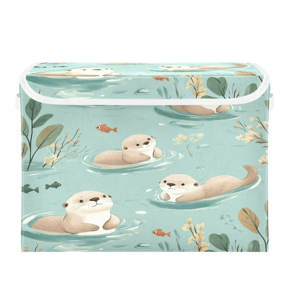 WOBOGO Swims Sea Otter Large Collapsible Storage Box Flip Lid Fabric Decorative Organizer Container Basket with Handles 16.5×12.6×11.8in