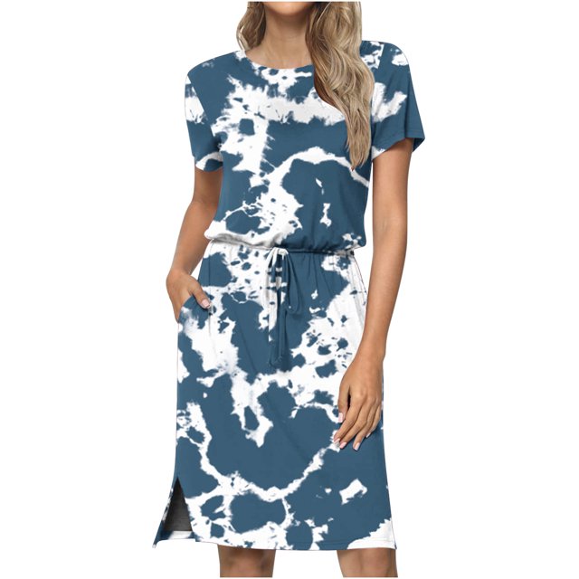 Robe à Manches Courtes pour Femmes Robe Décontractée Imprimée à Manches Courtes Col Rond avec Poches et Lacets