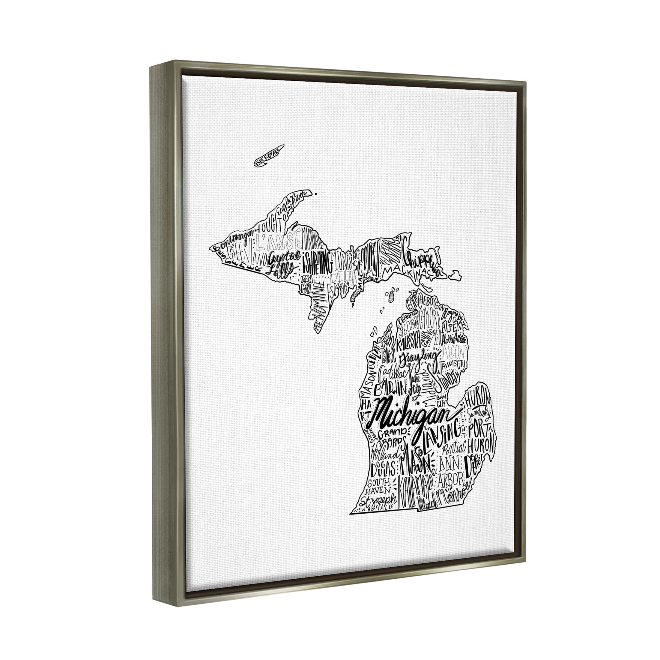 Stupell Industries Michigan State Typography Cities Map Graphic Art Luster Gray Floating Framed Canvas Print Wall Art, Design by The Saturday Evening Post