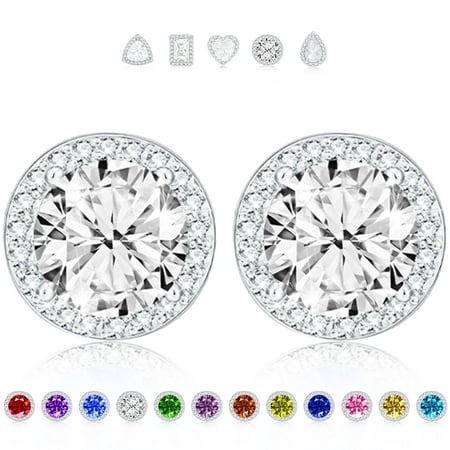 APSVO 18K White Gold Plated Round Stud Earrings for Women Girls CZ S925 Sterling Silver April Birthstone Earrings with Crystal Wedding Graduation Birthday Jewelry Gifts Teen Kids Bride Mom Ideas Age