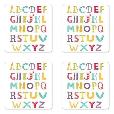 

Alphabet Coaster Set of 4 Colorful Letters Educational Content Print Square Hardboard Gloss Coasters Standard Size White Multicolor by Ambesonne