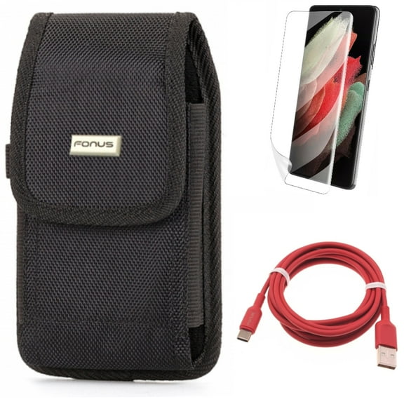 6ft USB-C Cable w Matte Screen Protector w Case Belt Clip for Samsung Galaxy S21 Plus - Red Charger Cord, TPU Film Anti-Glare, Swivel Holster Accessory Bundle