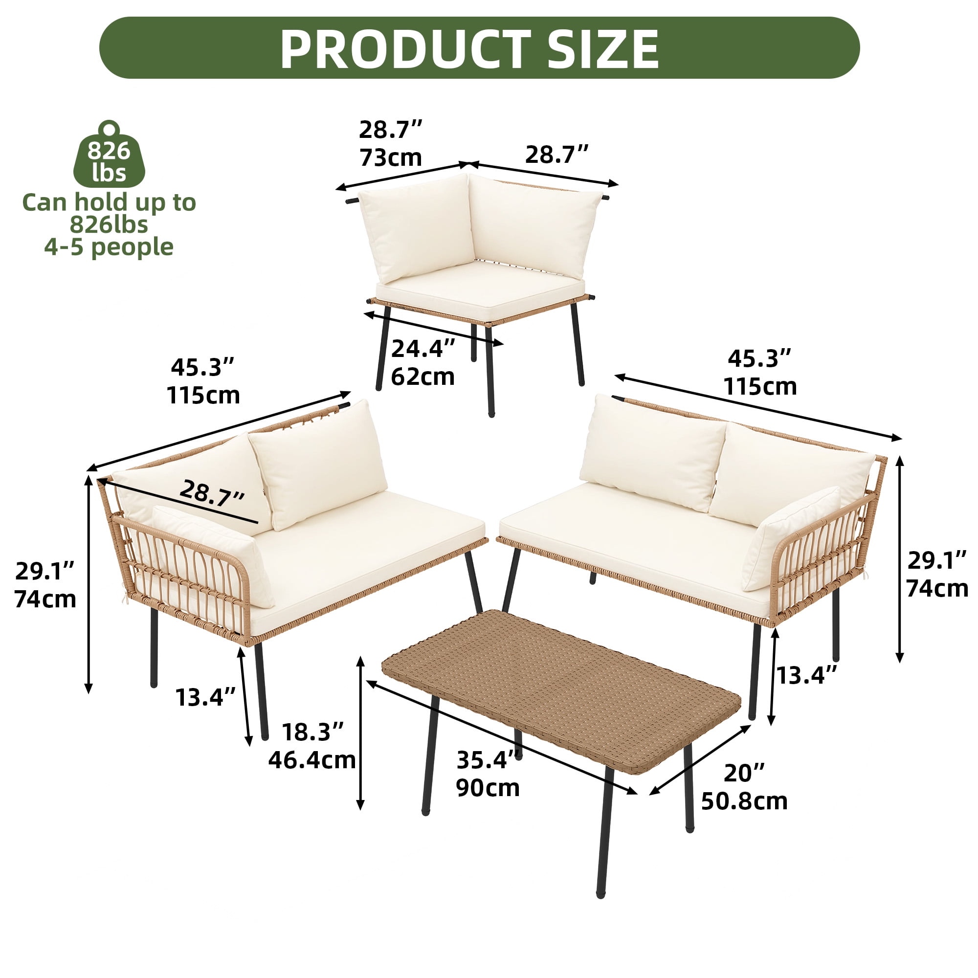 Uforic 4 Pieces Patio Conversation Set,Wicker Outdoor Furniture Set, All-Weather PE Rattan Sectional L-Shaped Sofa with Coffee Table - Beige