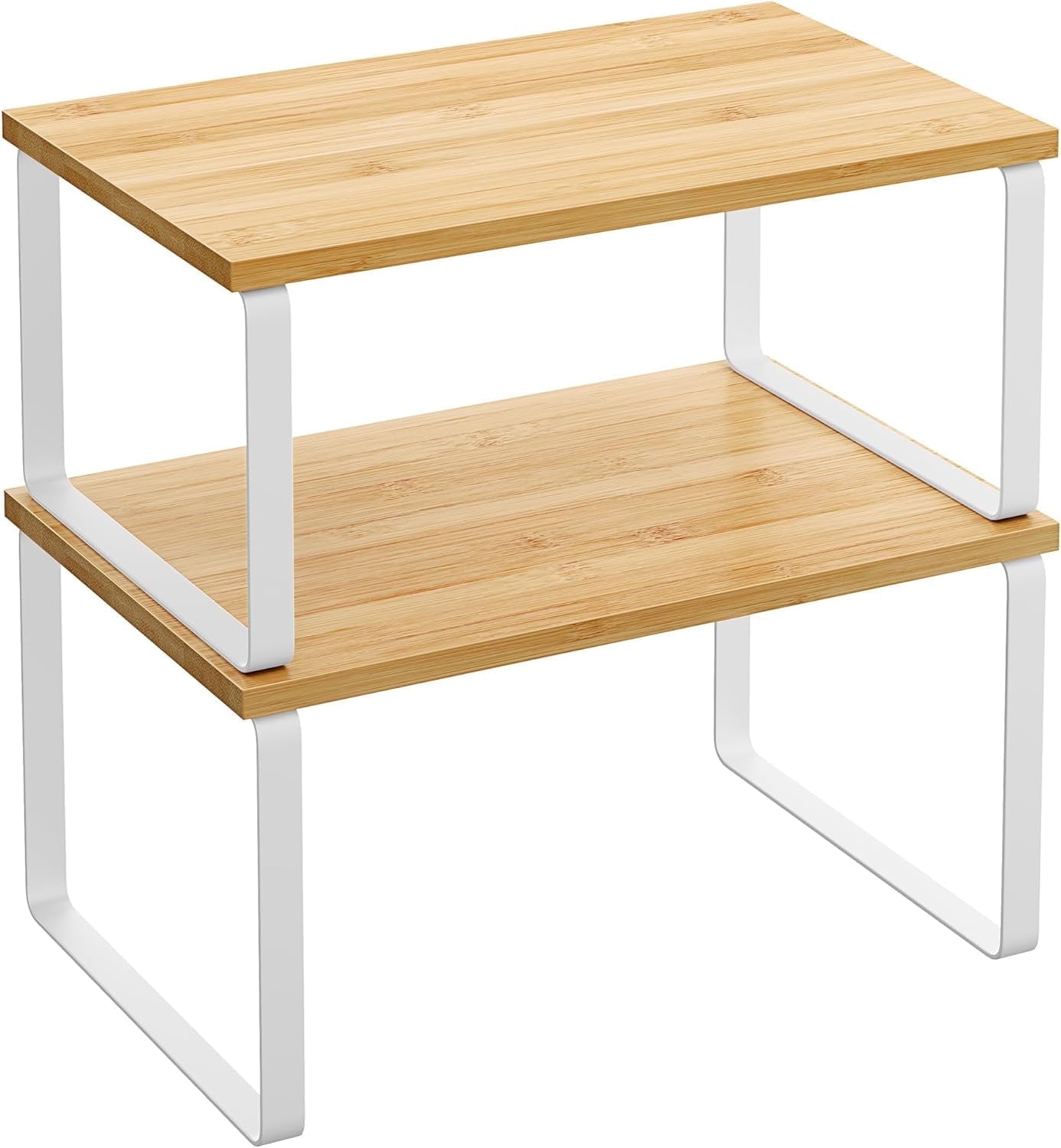 SONGMICS 2 Pack Cabinet Organizer Shelf, Kitchen Counter Shelves, Kitchen Storage, Spice Rack, Stackable, Expandable, Metal and Engineered Wood, Cloud White and Natural Beige