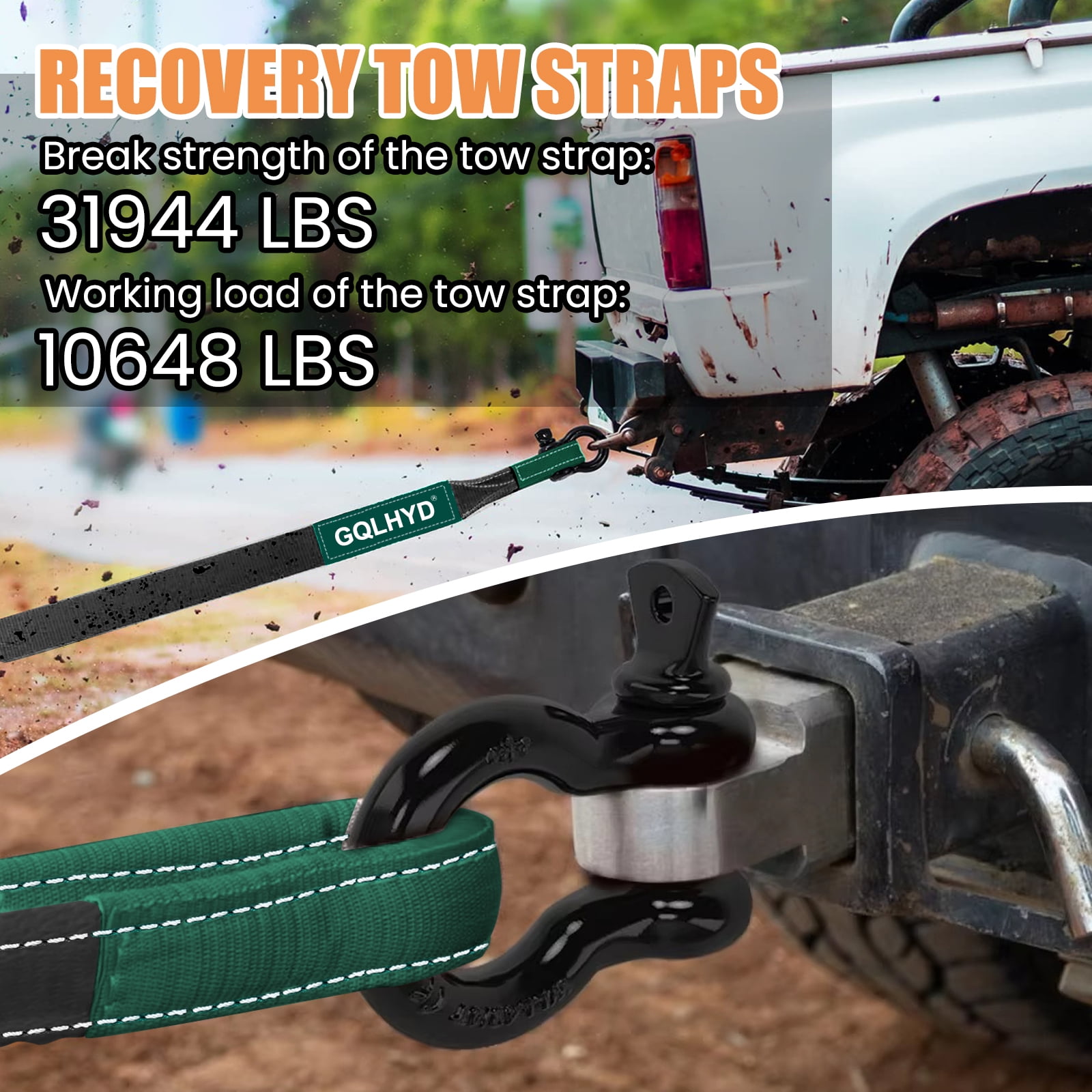 Tow Strap, 3.15 in. x 22 ft. long, Heavy Duty Trailer Strap with Hook D Ring (2 pack), Breaking Strength 35,944 lbs. for Automotive Logging/Truck/Boat/Motorcycle Towing (Orange/06)）