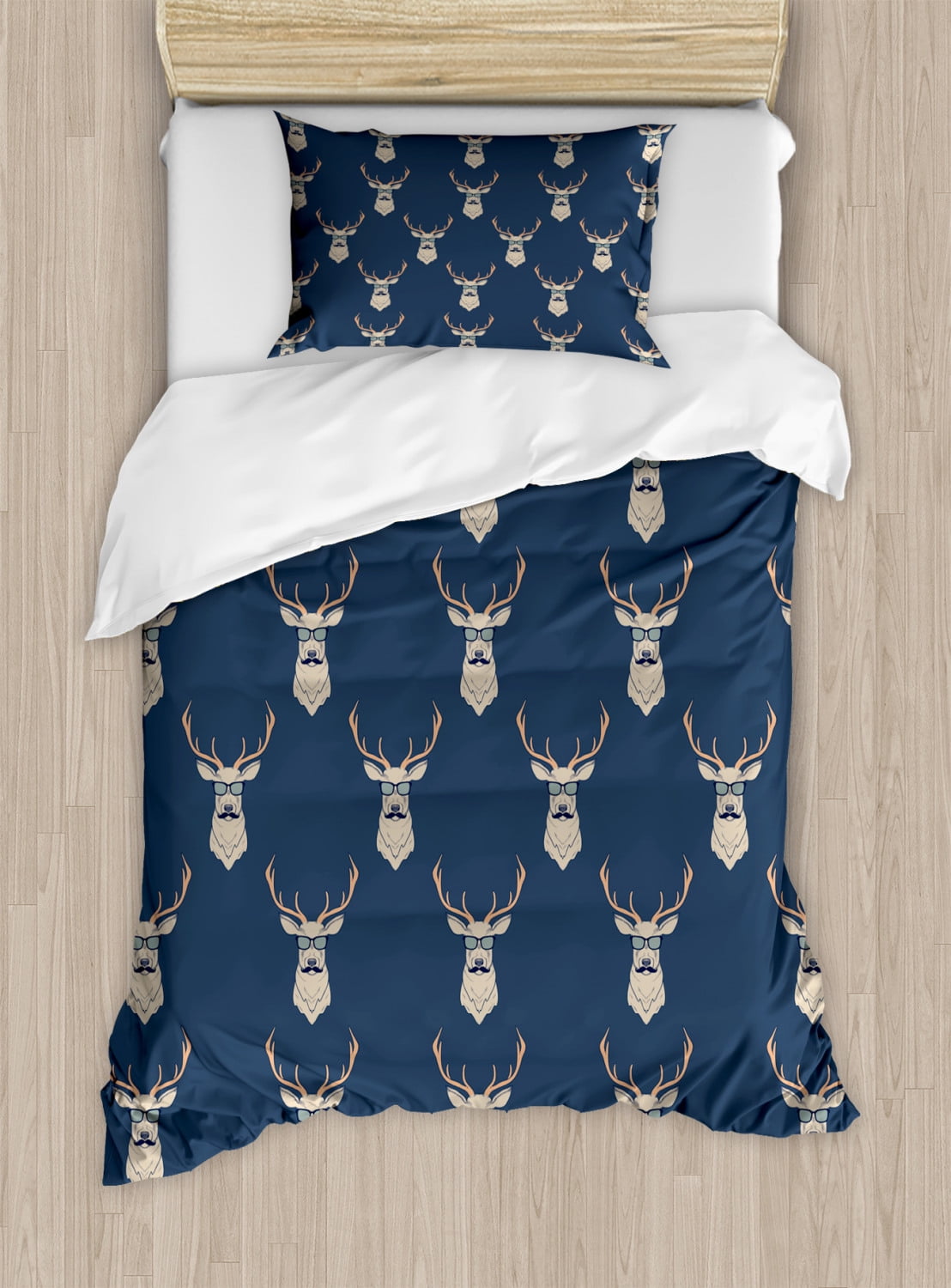 Twin Blue and Tan Deer Pattern Duvet Cover Set